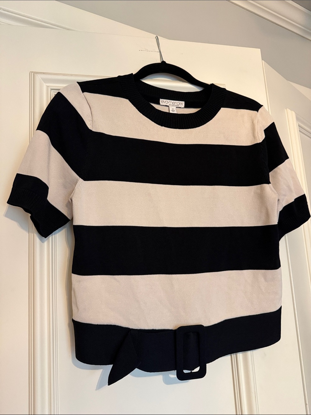 Black & Cream Striped Belted Short-Sleeve Top